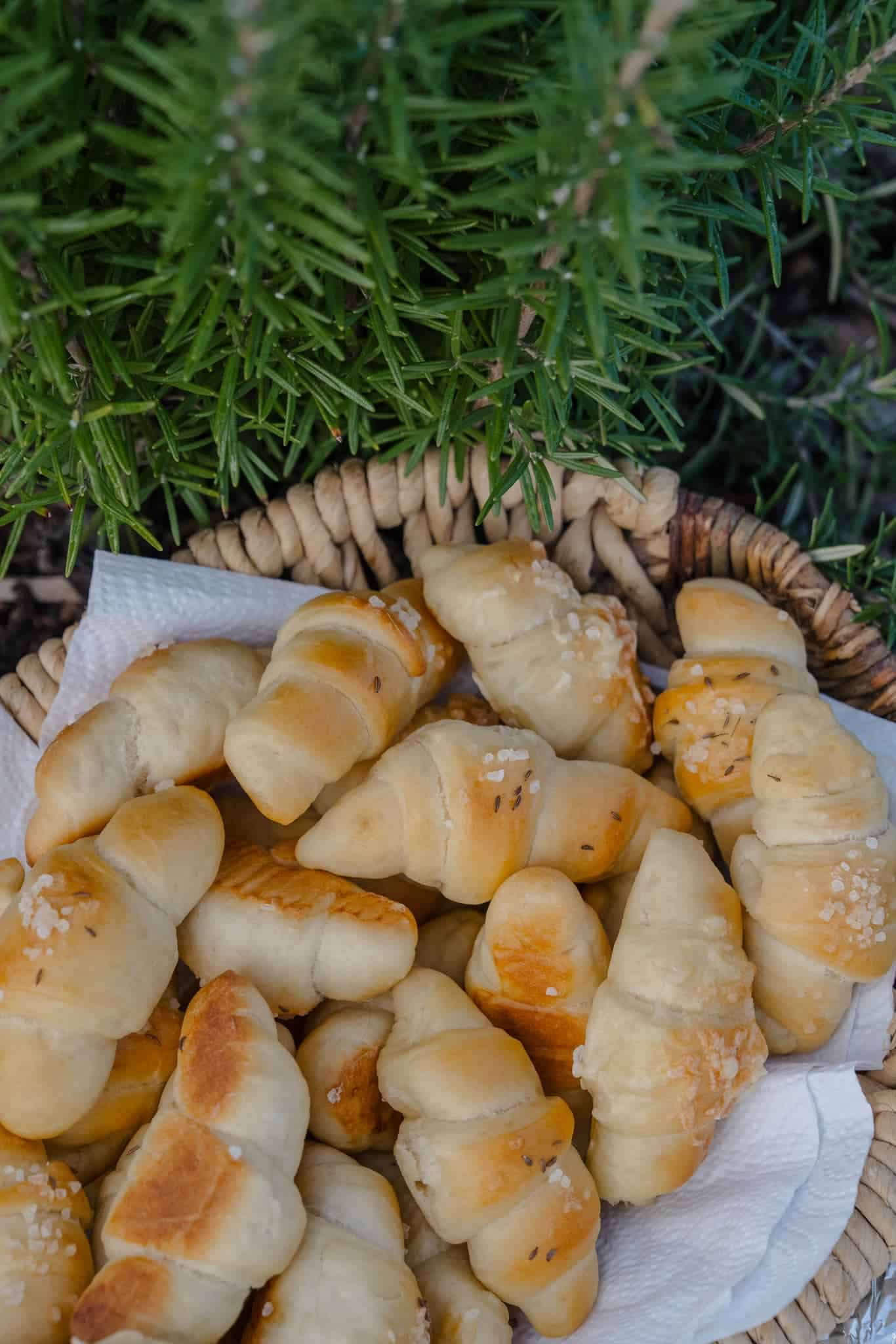Frische, goldbraune Mini-Croissants im rustikalen Korb, ideal für eine charmante Hochzeit unter freiem Himmel.